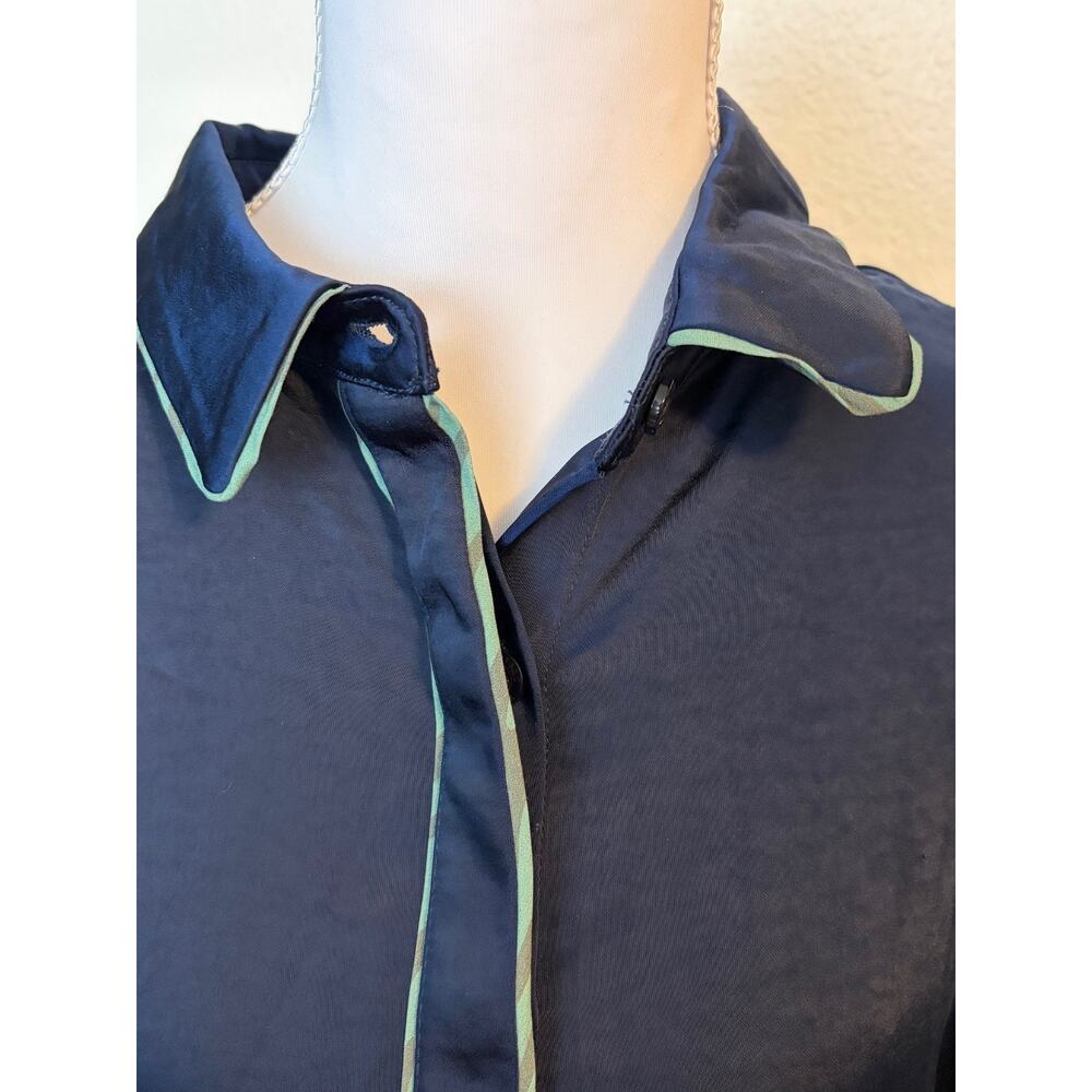 Wildfang The Empower Satin Shirt Dress Navy Blue Green Contrast Trim Medium Mod - Picture 7 of 11